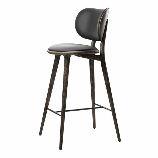 Sleek black seat with a smooth finish and dark wooden legs, blending modern style with subtle elegance.