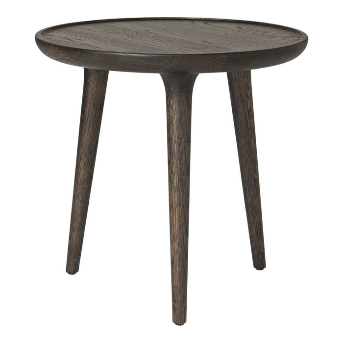 Round wooden side table with a dark wood finish and smooth, minimalist design.