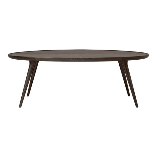 Dark brown oval coffee table with clean lines and tapered wooden legs, enhancing modern decor with a minimalist pattern.