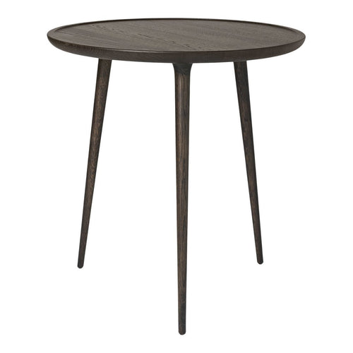 Dark wood round side table with three tapered legs, featuring a smooth, minimalist surface. Ideal for modern decor.