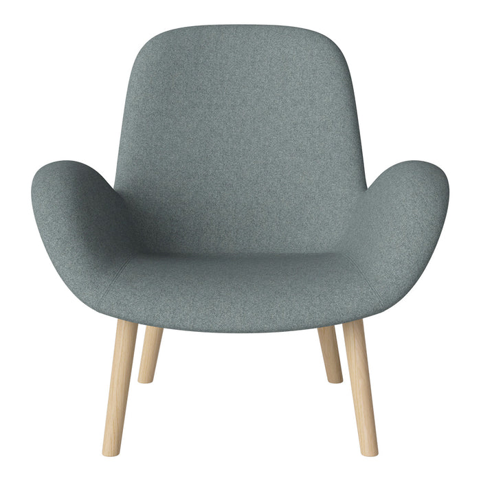 Light grey upholstered chair with soft contours and natural wooden legs for a modern, minimalist look.