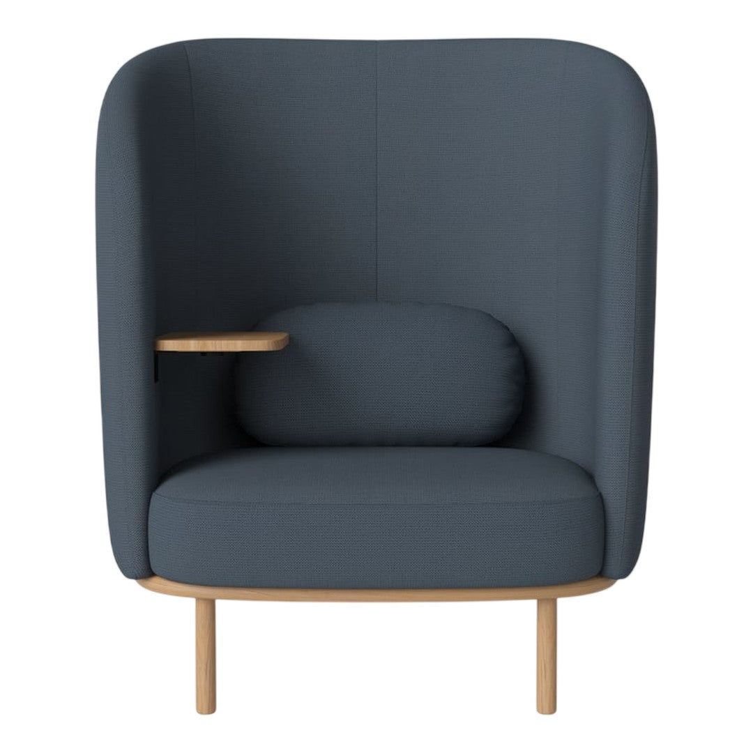 Dark blue upholstered armchair with smooth curves and natural wood accents. Modern and stylish design for contemporary living.