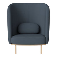 Dark blue upholstered armchair with smooth, minimalist design and light wooden legs. Ideal for modern spaces.