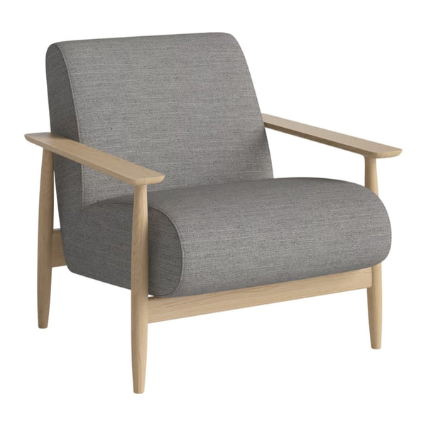 Grey fabric armchair with a simple, modern design and light wood frame. Smooth texture and minimalist aesthetic.