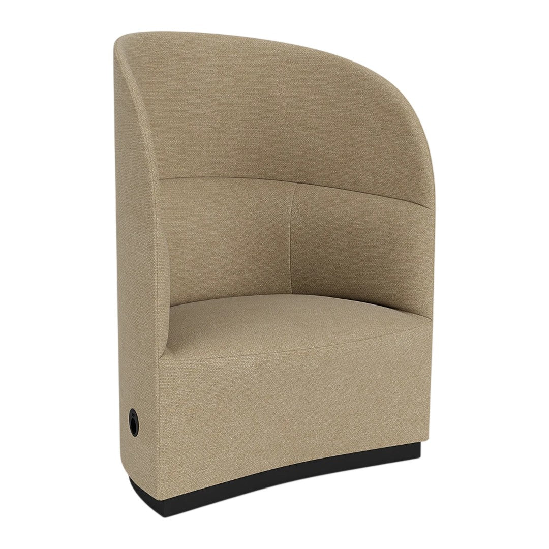 Beige upholstered chair with a curved back and sleek black base, featuring a smooth, minimalist design.