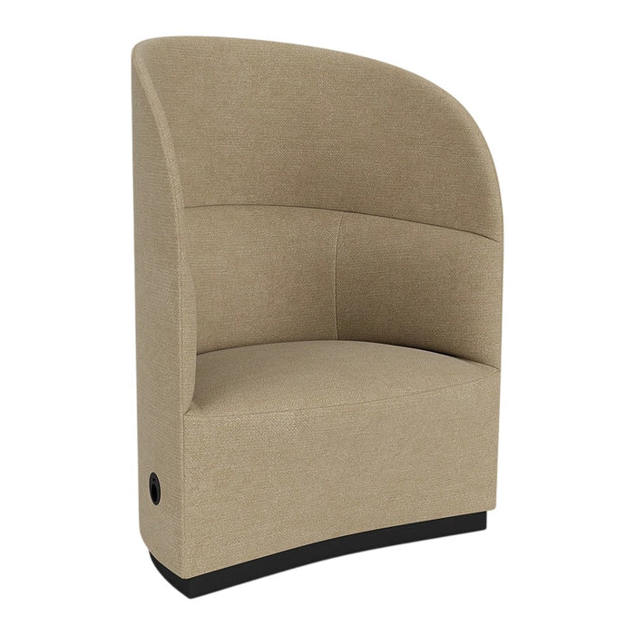 Beige upholstered chair with a curved back and sleek black base, featuring a smooth, minimalist design.