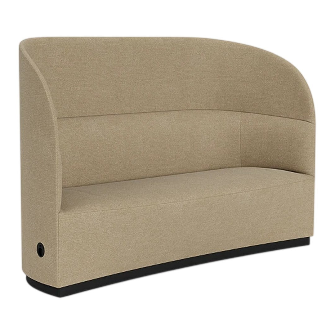 Curved beige sofa with sleek lines and a modern design, featuring a soft texture and black base. Ideal for contemporary spaces.