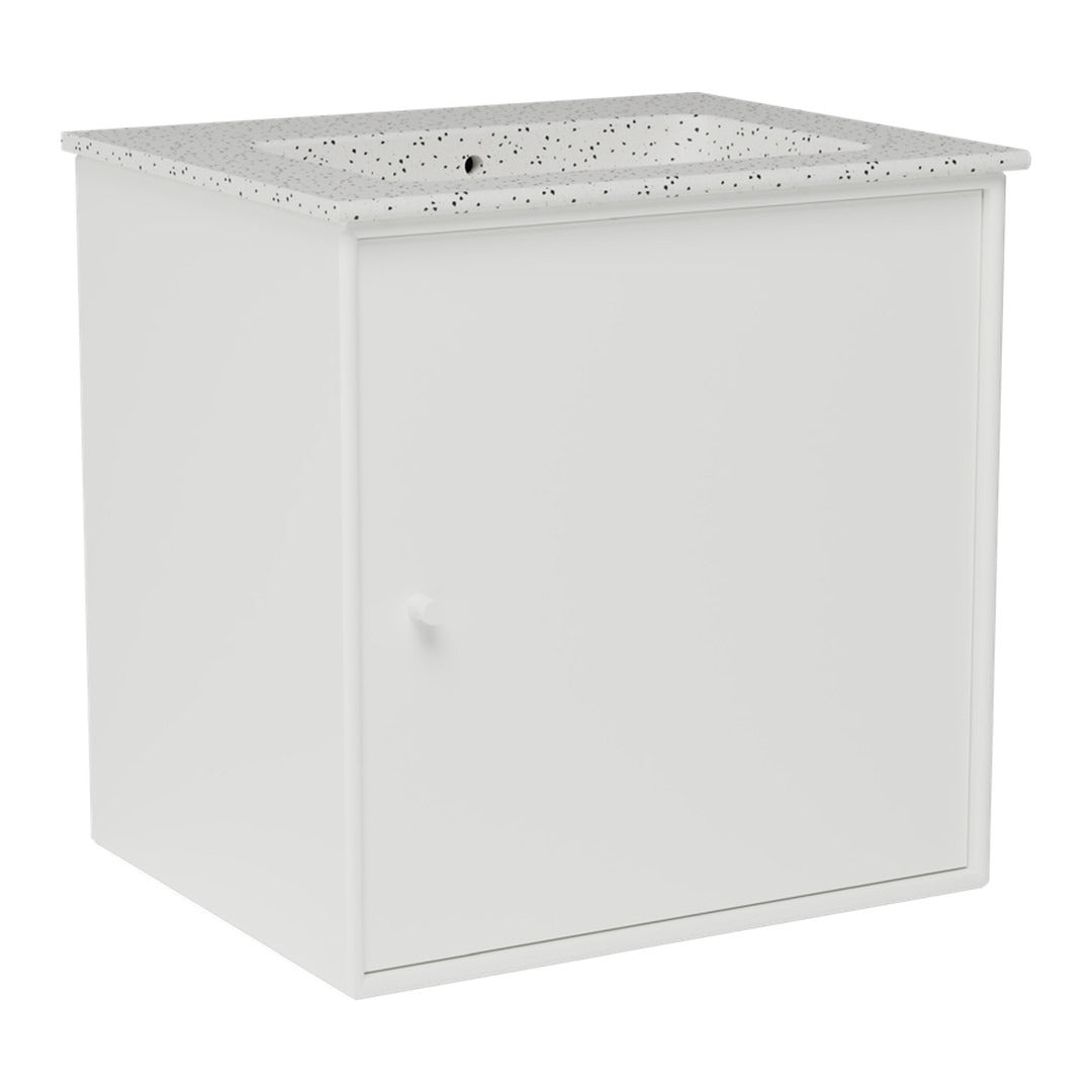 White storage cube with a speckled gray top, featuring a smooth finish and a single door design. Perfect for organization.