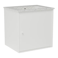 White storage cube with a speckled gray top, featuring a smooth finish and a single door design. Perfect for organization.