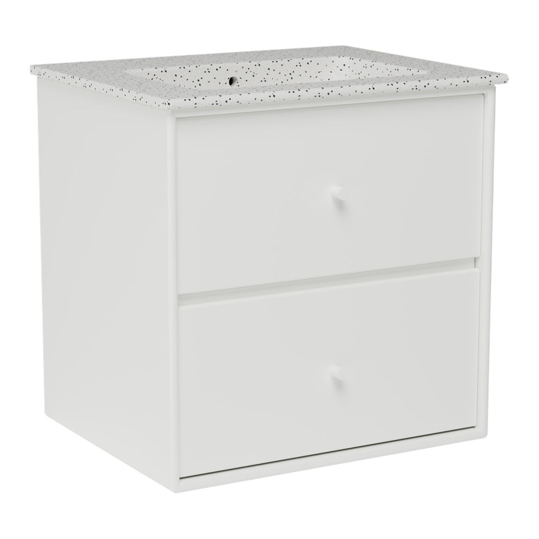 White two-drawer nightstand with a textured light gray patterned top. Ideal for modern bedroom decor.