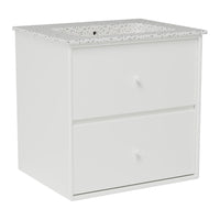 White two-drawer nightstand with a textured light gray patterned top. Ideal for modern bedroom decor.