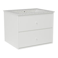 White bathroom cabinet with smooth surface and patterned top, featuring two matching drawers. Ideal for modern decor.