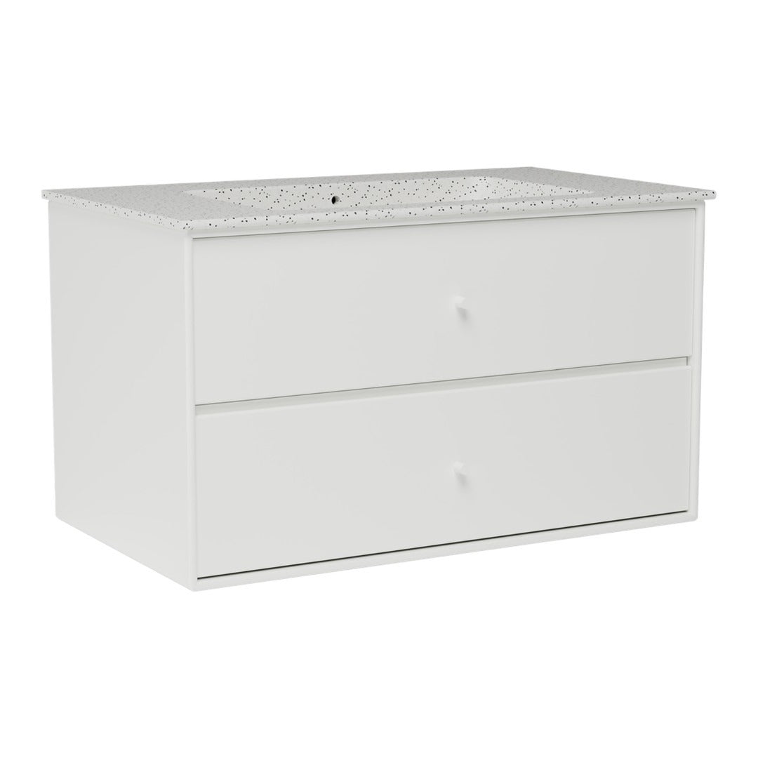 White dresser with a speckled gray countertop and minimalist design, featuring two spacious drawers.