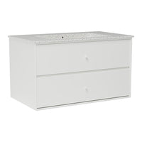 White dresser with a speckled gray countertop and minimalist design, featuring two spacious drawers.