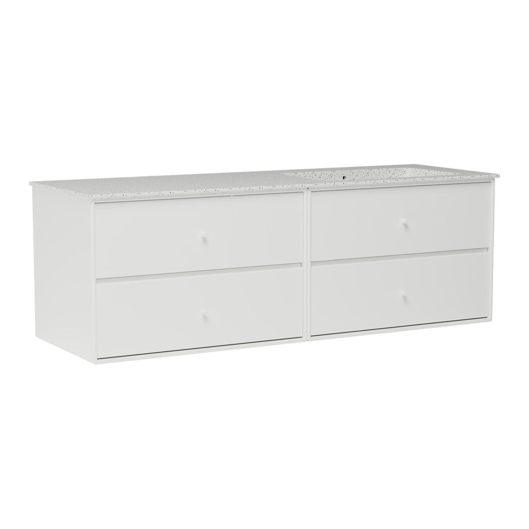 Sleek white dresser with a smooth finish, featuring four minimalist drawers and subtle knob accents.