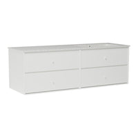 Sleek white dresser with a smooth finish, featuring four minimalist drawers and subtle knob accents.