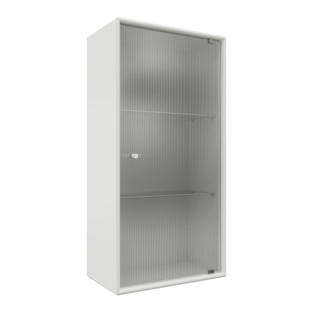 White shelving unit with a smooth surface and vertical ribbed pattern on doors. Ideal for modern storage solutions.