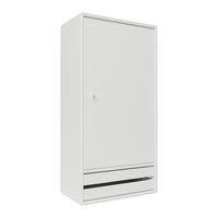 Sleek white wardrobe with a smooth finish and minimalist design, featuring a single door and two stylish drawers.