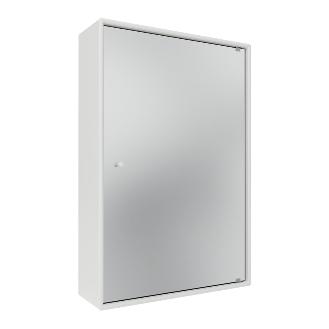 Sleek white cabinet with a smooth, reflective mirror surface, offering a modern and minimalist design.