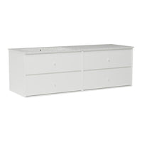 White dresser with smooth finish and four large drawers, featuring simple round knobs for easy access.
