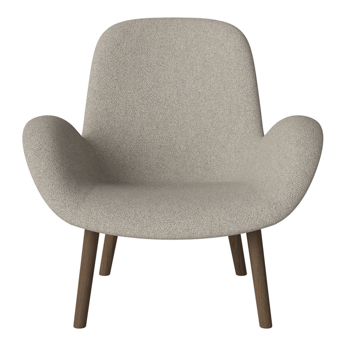 Light gray upholstered chair with textured fabric and natural wood legs, featuring a modern, minimalist design.