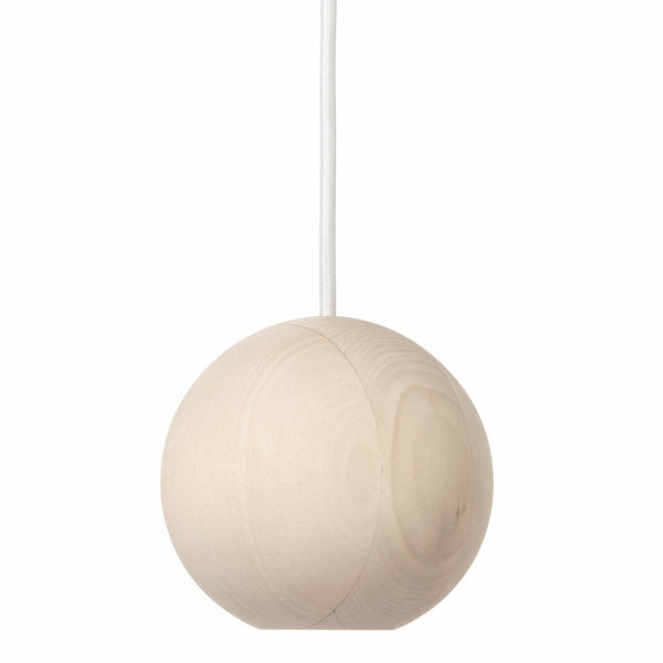 Round wooden pendant light in natural beige with a smooth finish and subtle grain pattern.