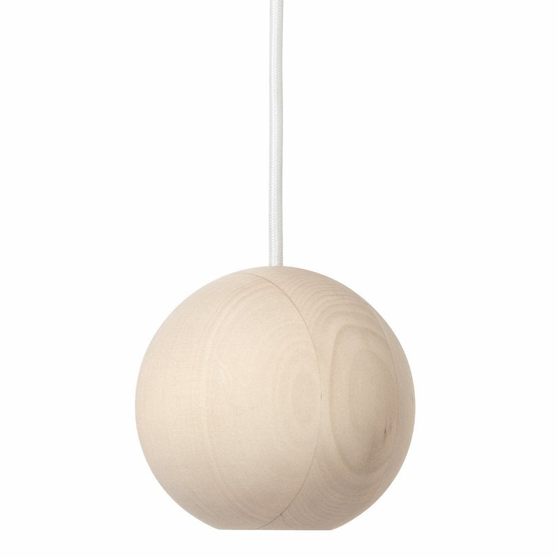 Round wooden pendant light in natural beige with a smooth finish and subtle grain pattern.