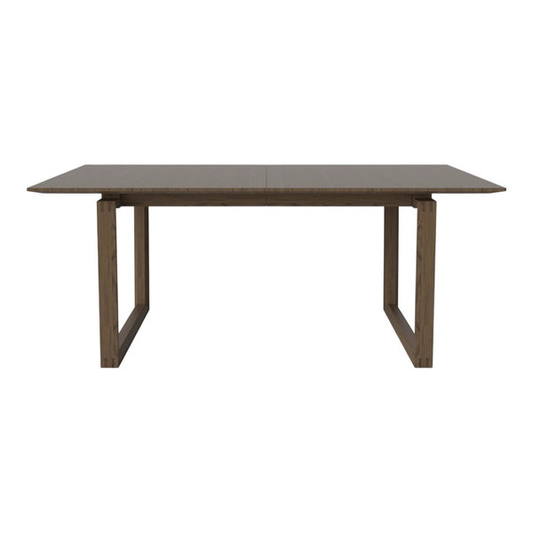 Brown wooden dining table with a smooth finish and simple, modern design.