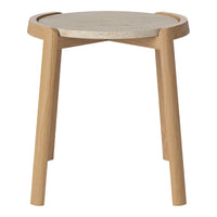 Light wood legs with a natural finish and a round, textured stone top in neutral shades. Elegant minimalist design.
