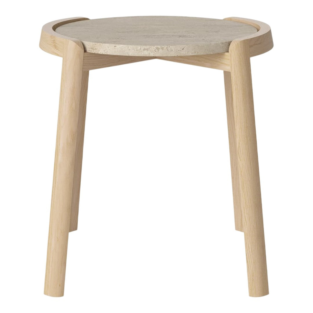 Light wood legs with a natural finish support a round, gray stone top, creating a modern and minimalist look.