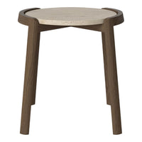 Dark wood mid-century modern side table with a light stone top, featuring a minimalist design and smooth finish.