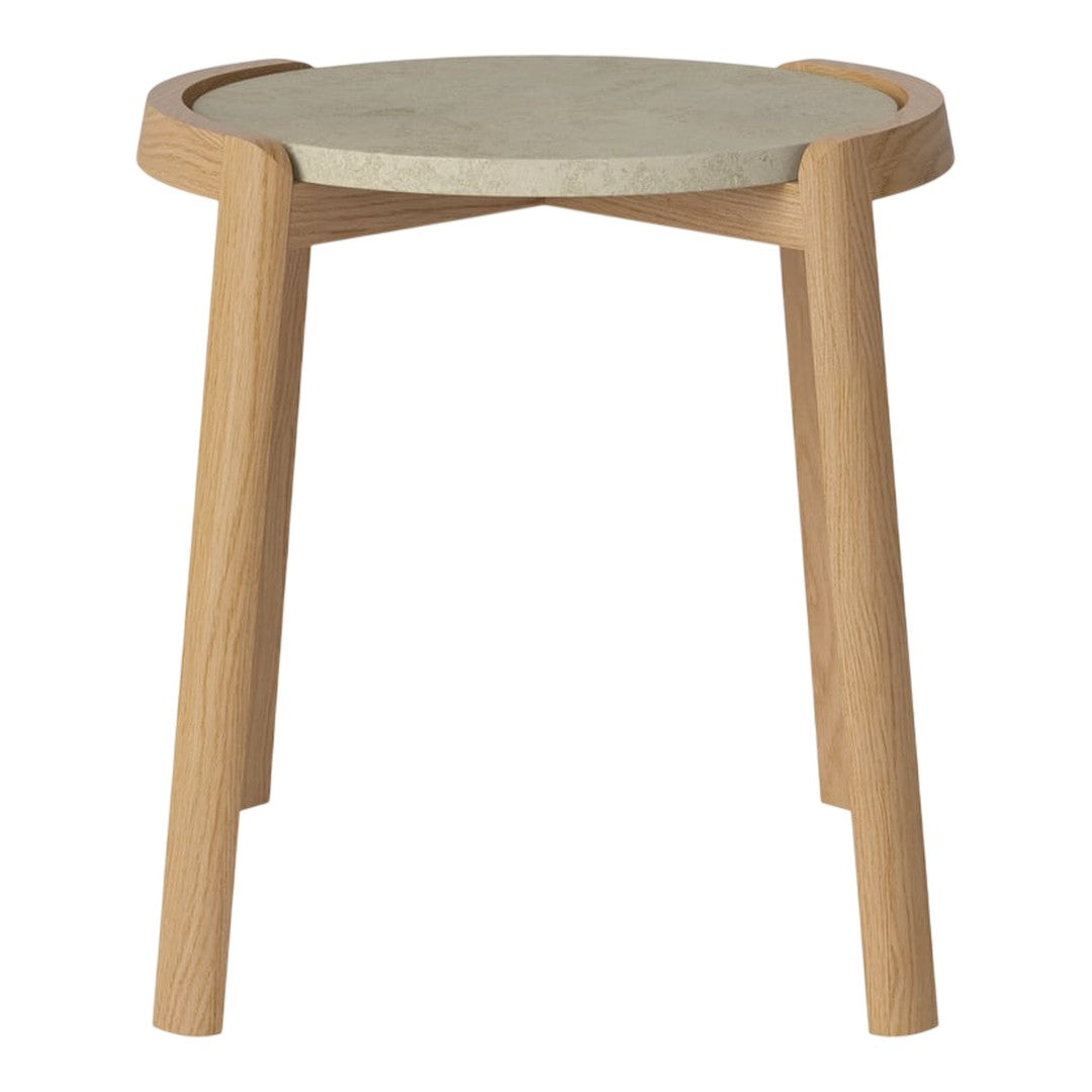 Light wood side table with a round gray concrete top and minimalistic design. Modern and stylish for any decor.