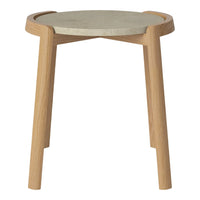 Light wood side table with a round gray concrete top and minimalistic design. Modern and stylish for any decor.
