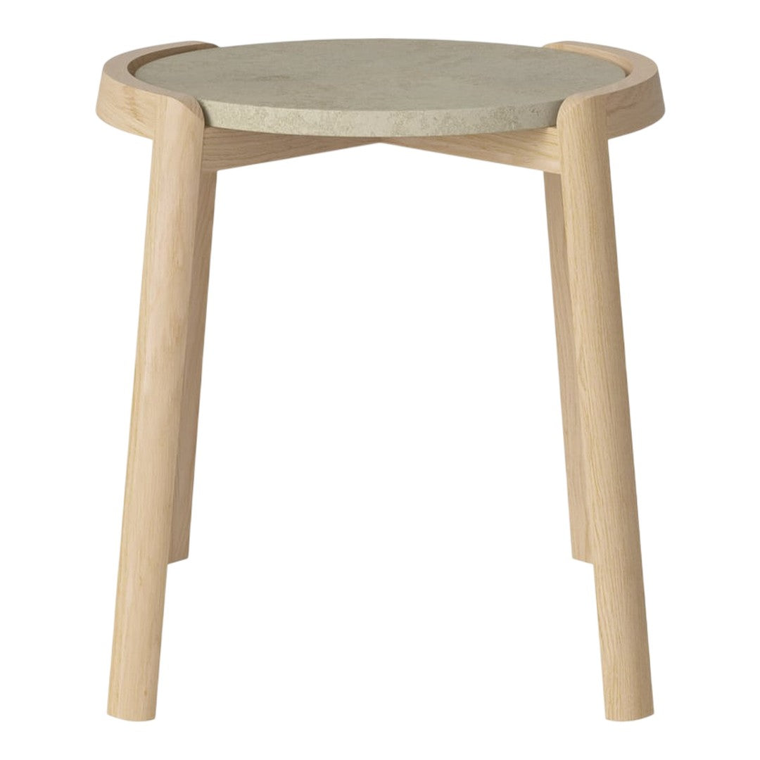 Light wood accent table with a round gray stone top and minimalistic design, perfect for modern decor.