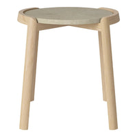 Light wood accent table with a round gray stone top and minimalistic design, perfect for modern decor.