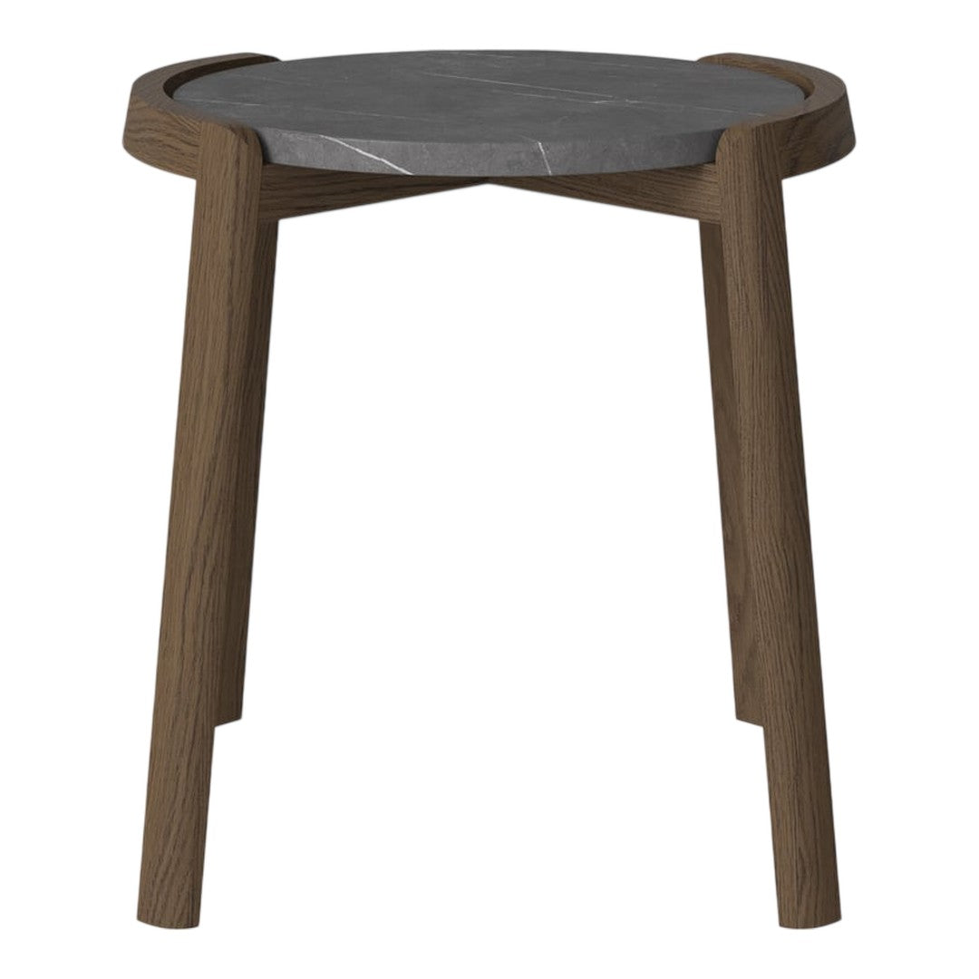 Round table with a sleek black marble top and warm wooden legs, showcasing a modern and elegant design.