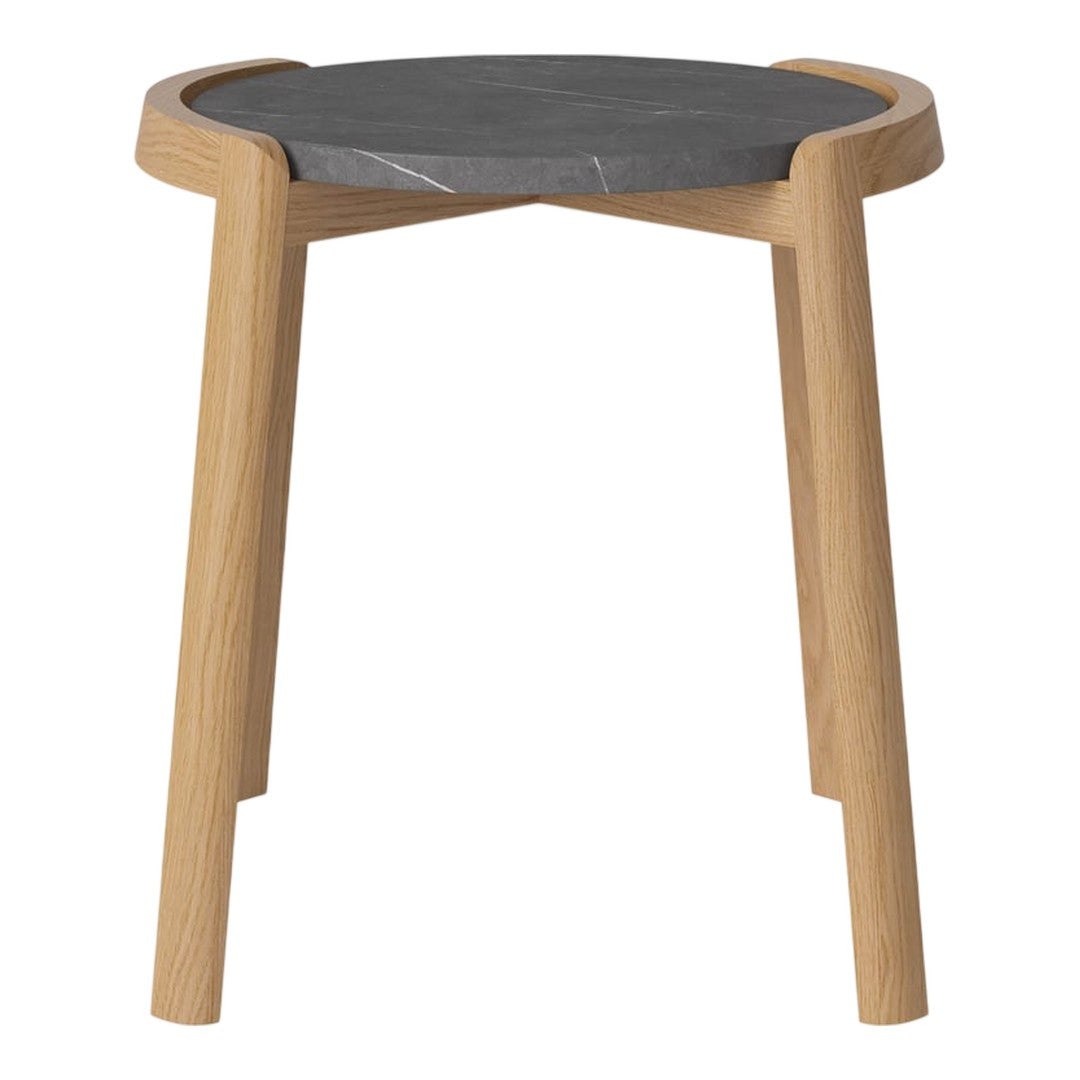 Light wood legs with a sleek black stone top, showcasing a natural finish and minimalist design.
