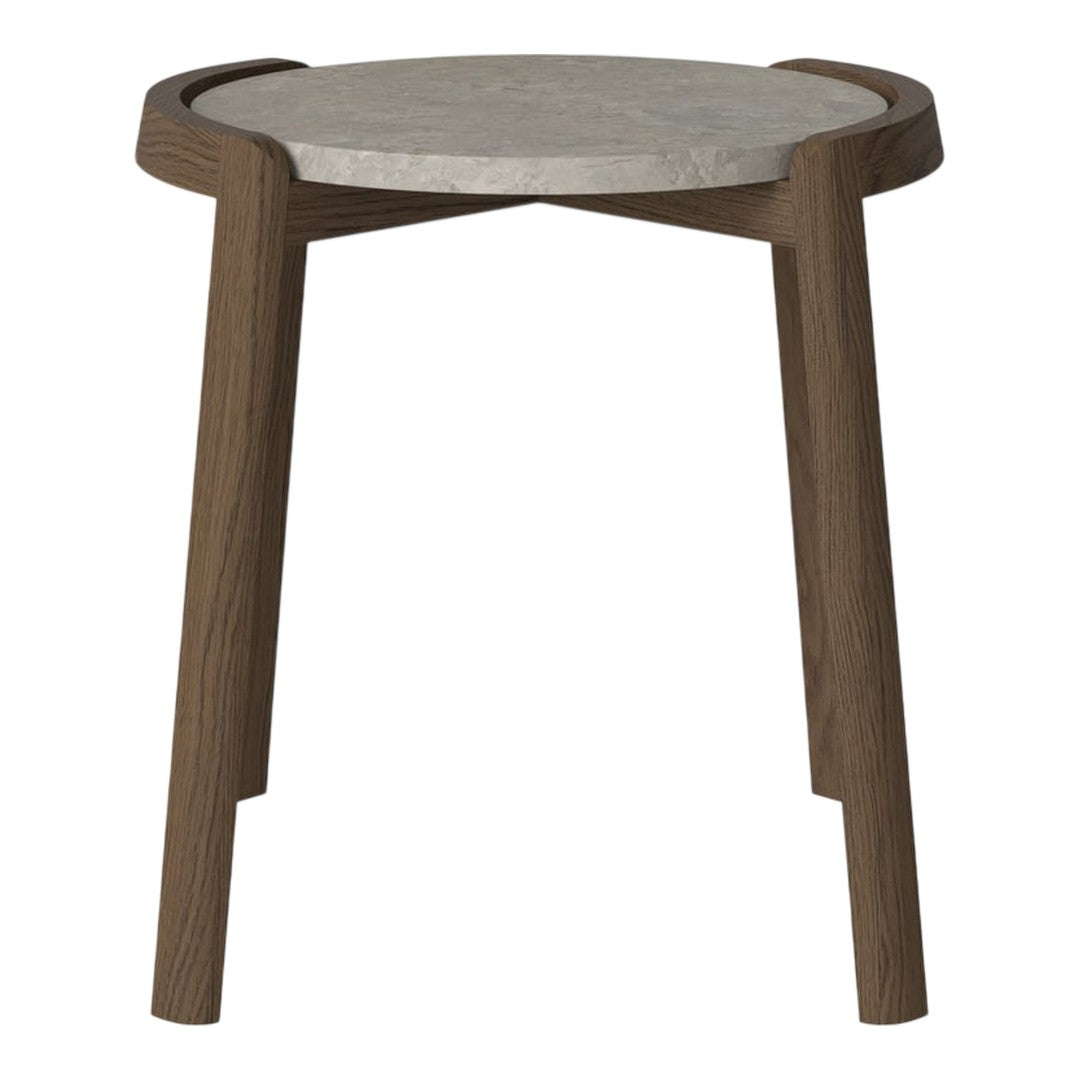 Brown wooden legs with a smooth gray stone top, featuring a minimalist design with clean lines.