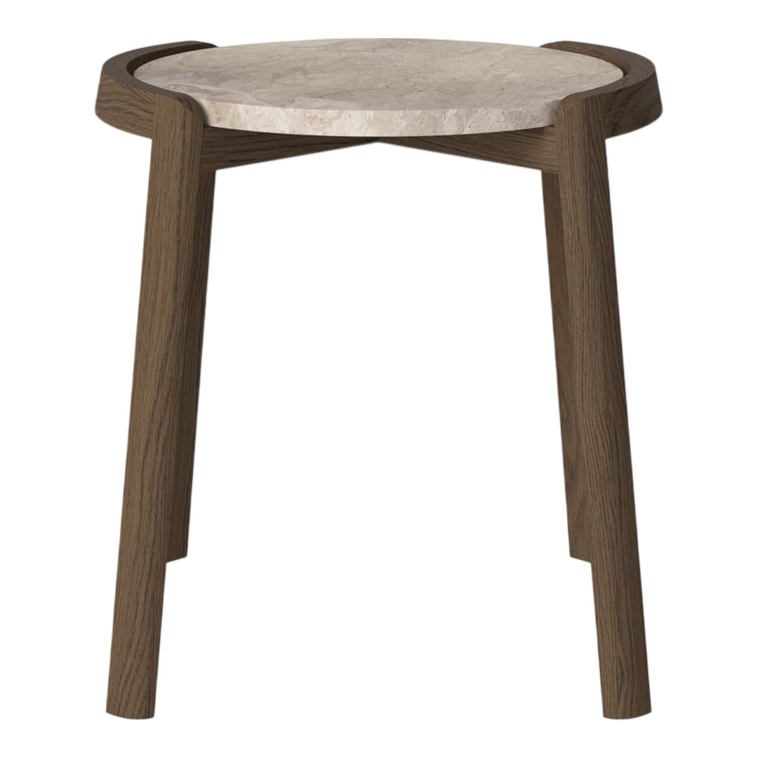 Round side table with a light marble top and dark wood legs, featuring a smooth, natural finish. Ideal for modern decor.