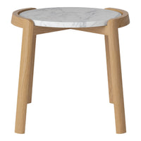 Light wood legs with a white marble top featuring subtle gray veining patterns. Elegant and modern design.