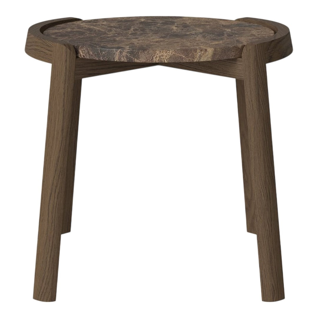 Rustic brown wood side table with a natural finish and unique textured patterns on the top surface.