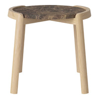 Light wood legs with a dark, natural-patterned top in a unique rounded shape. Perfect for modern decor.