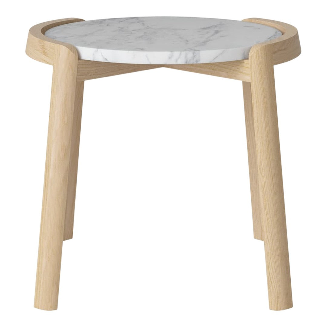 Natural wood frame with white marble tabletop, featuring soft gray veining. Minimalist design ideal for modern decor.