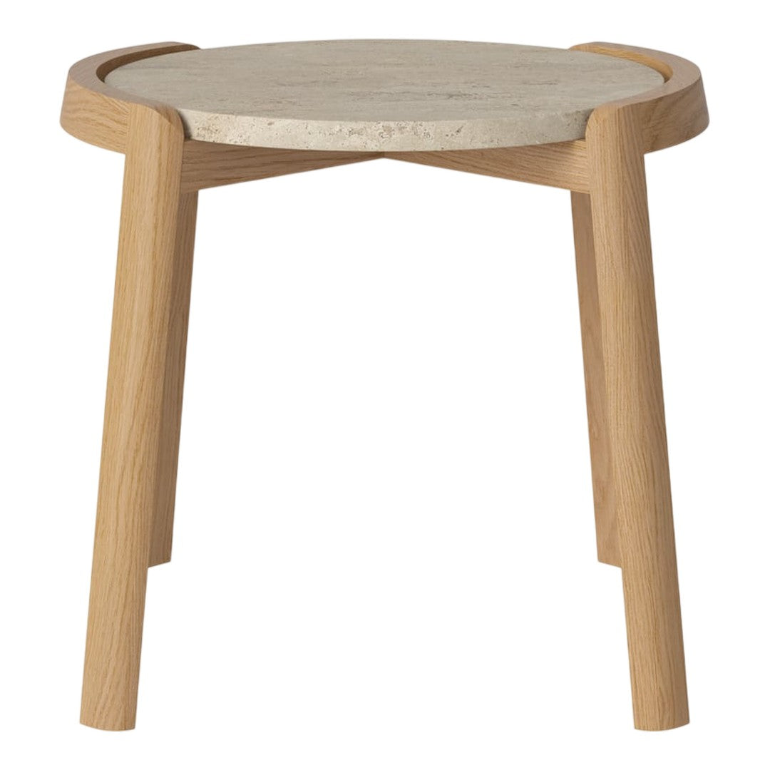 Light wood stool with a round gray concrete top, showcasing a minimalist design and natural textures.