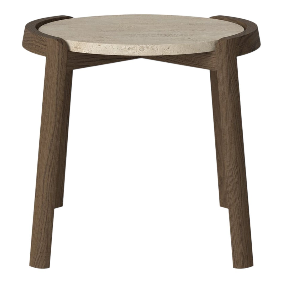 Brown wooden legs with a natural stone top, featuring a smooth, light beige surface and minimalist design.