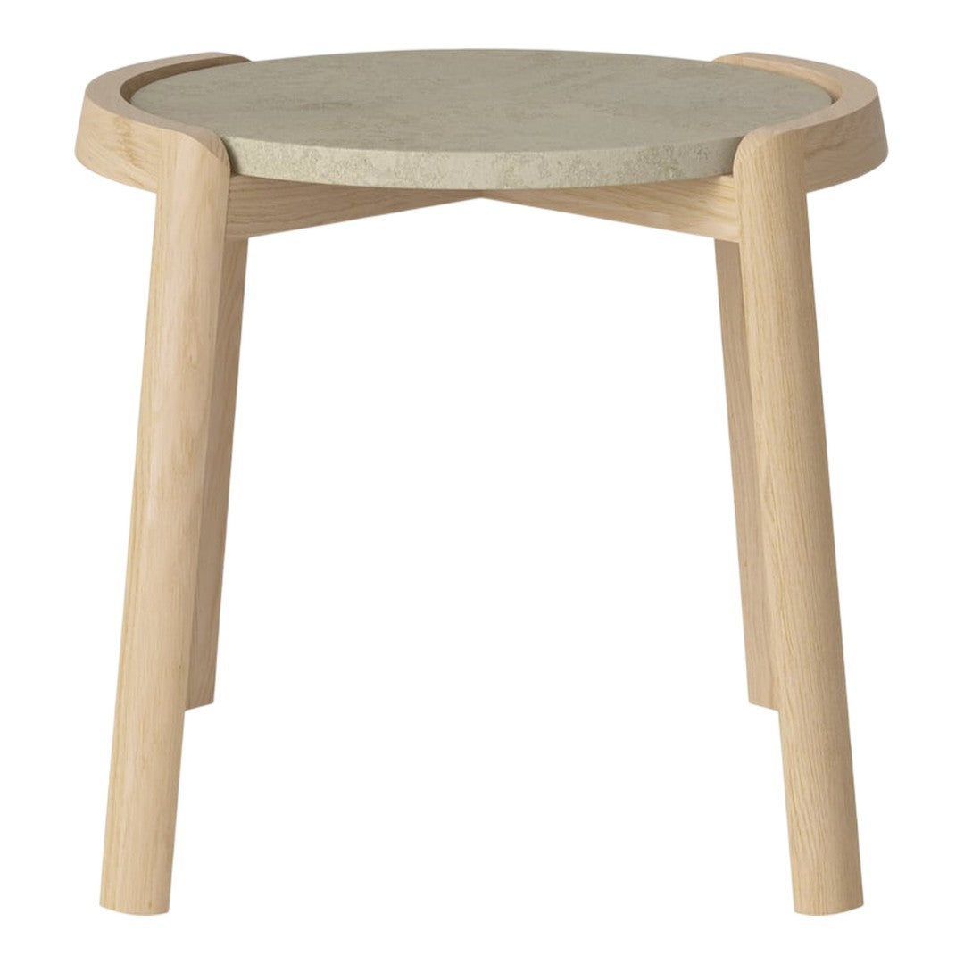 Light wood legs with a round, gray concrete top, featuring a smooth surface and minimalist design.