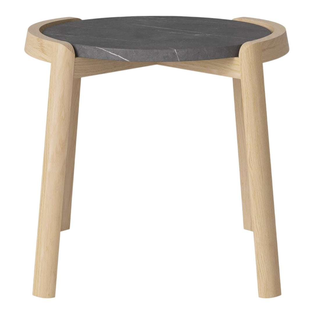 Natural wood legs with a sleek black marble top, featuring a minimalist design and smooth finishes.