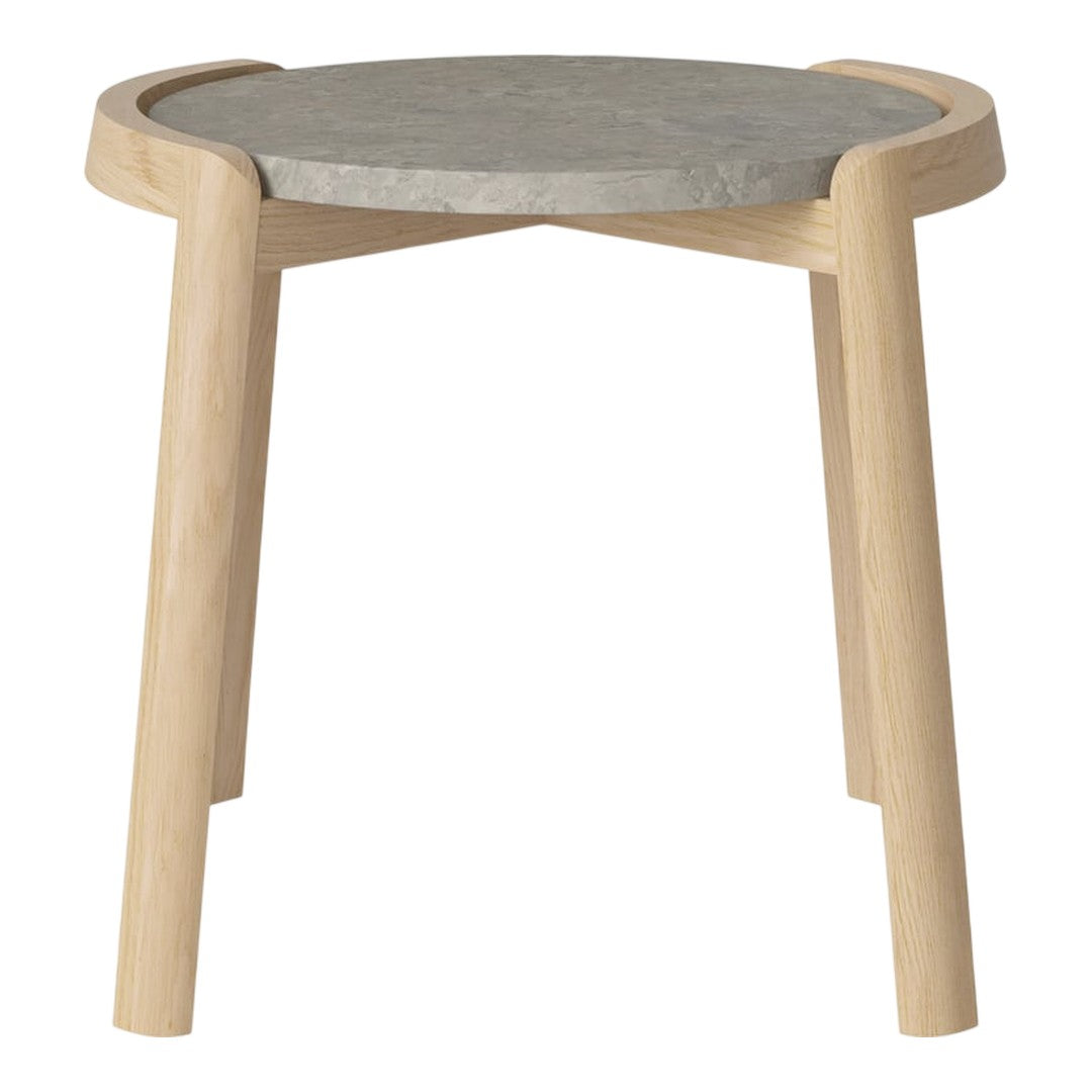 Natural wood legs with a round gray stone top, featuring a smooth, minimalist design. Perfect for modern decor.
