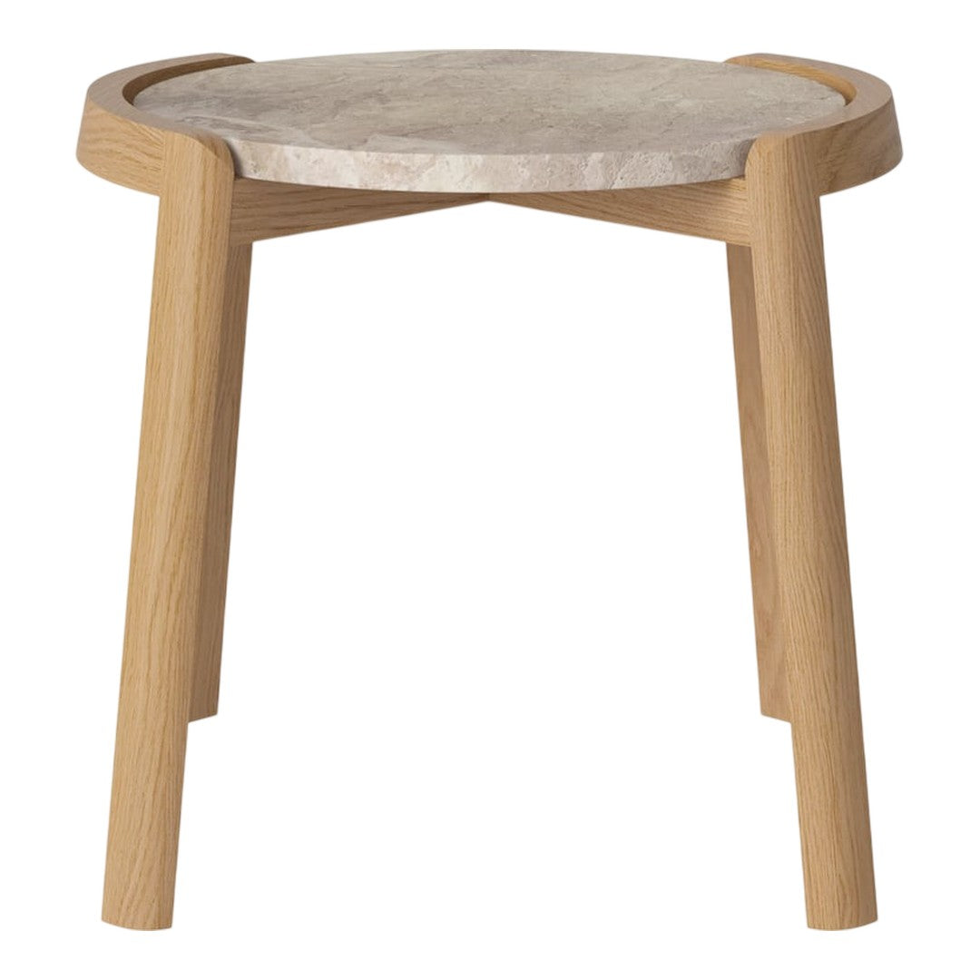 Natural wood legs with a light gray stone top, featuring soft, rounded edges and a modern, minimalist design.