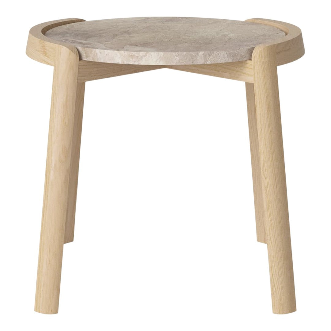 Natural wood legs support a circular, smooth, gray stone tabletop with subtle texture. Ideal for modern decor.